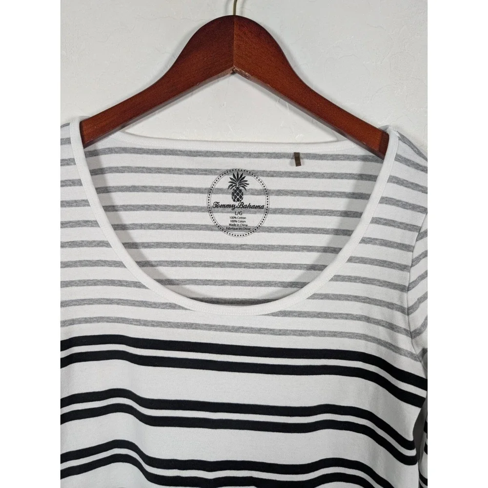Tommy Bahama Top Women's Large Black White Striped‎ 3/4 Sleeve Casual Stretch